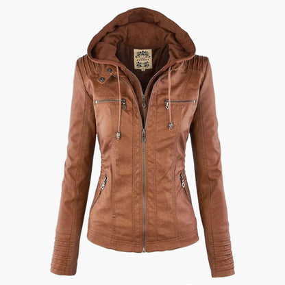 Damen Herbstjacke – Modische Lederjacke mit Kapuze und Reißverschluss, vielseitig & elegant für Alltag und Freizeit