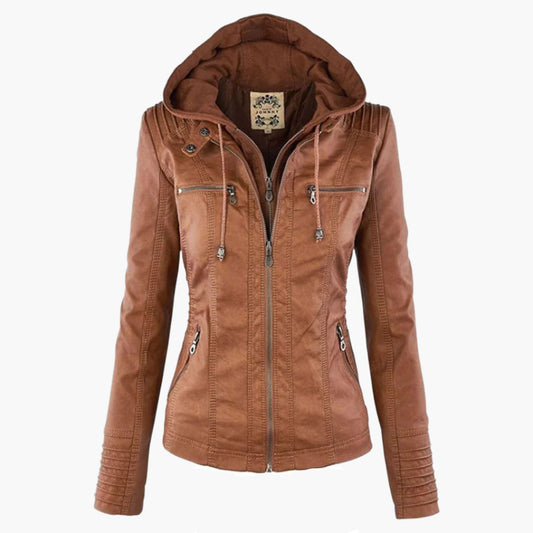 Damen Herbstjacke – Modische Lederjacke mit Kapuze und Reißverschluss, vielseitig & elegant für Alltag und Freizeit
