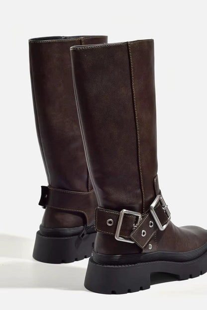 Damen Biker Boots mit Schnallen und hohem Schaft – Retro Style für Alltag und Freizeit