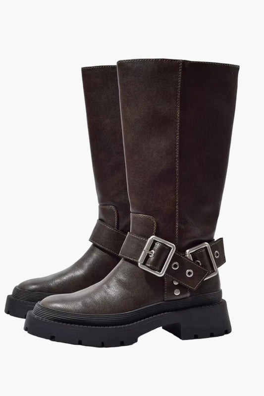 Damen Biker Boots mit Schnallen und hohem Schaft – Retro Style für Alltag und Freizeit