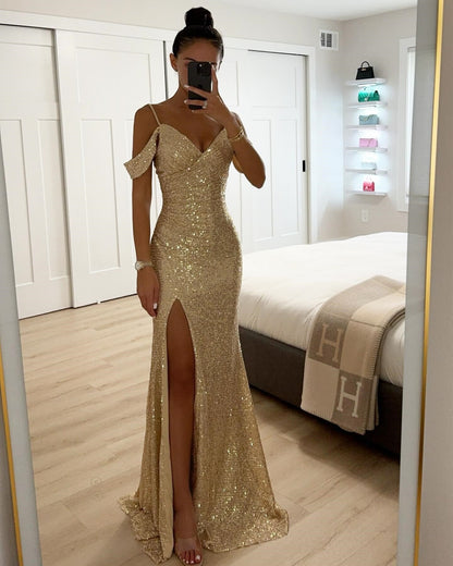Elegantes Abendkleid mit Schlitz für Damen – Figurbetontes Partykleid mit Schulterdetail