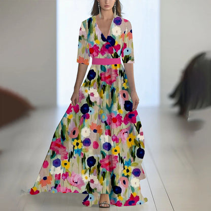 Damen Maxikleid mit tiefem V-Ausschnitt und fließendem Blumendesign