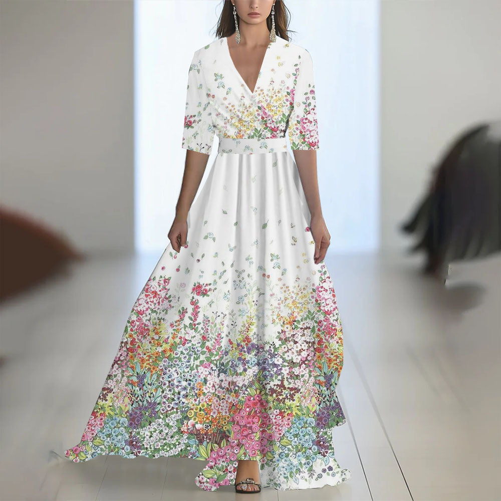 Damen Maxikleid mit tiefem V-Ausschnitt und fließendem Blumendesign