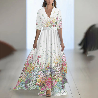 Damen Maxikleid mit tiefem V-Ausschnitt und fließendem Blumendesign