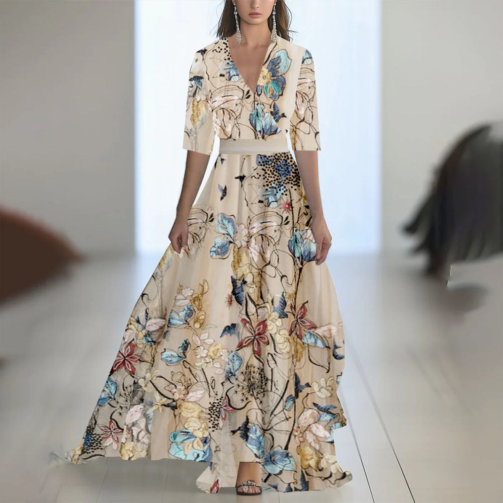 Damen Maxikleid mit tiefem V-Ausschnitt und fließendem Blumendesign