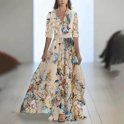 Damen Maxikleid mit tiefem V-Ausschnitt und fließendem Blumendesign