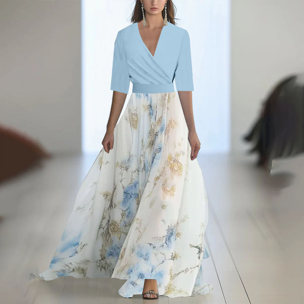 Damen Maxikleid mit tiefem V-Ausschnitt und fließendem Blumendesign