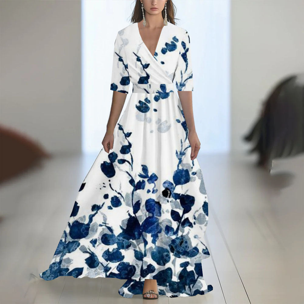 Damen Maxikleid mit tiefem V-Ausschnitt und fließendem Blumendesign