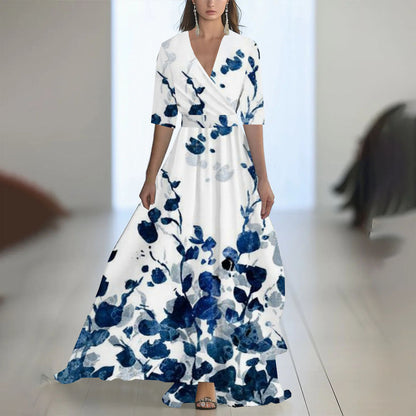 Damen Maxikleid mit tiefem V-Ausschnitt und fließendem Blumendesign
