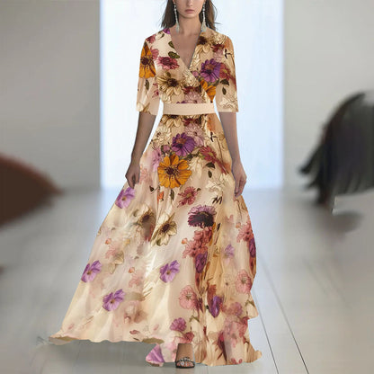 Damen Maxikleid mit tiefem V-Ausschnitt und fließendem Blumendesign
