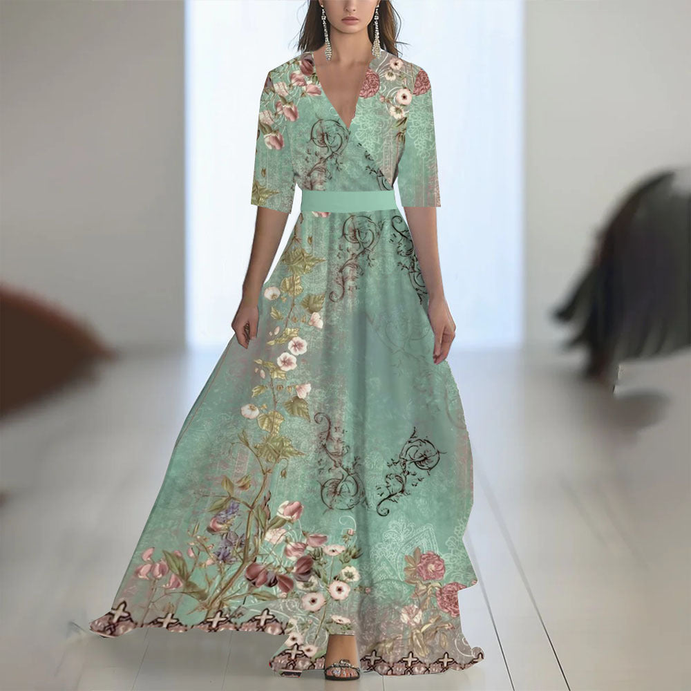 Damen Maxikleid mit tiefem V-Ausschnitt und fließendem Blumendesign