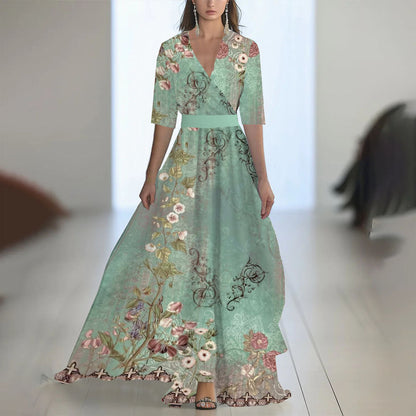 Damen Maxikleid mit tiefem V-Ausschnitt und fließendem Blumendesign