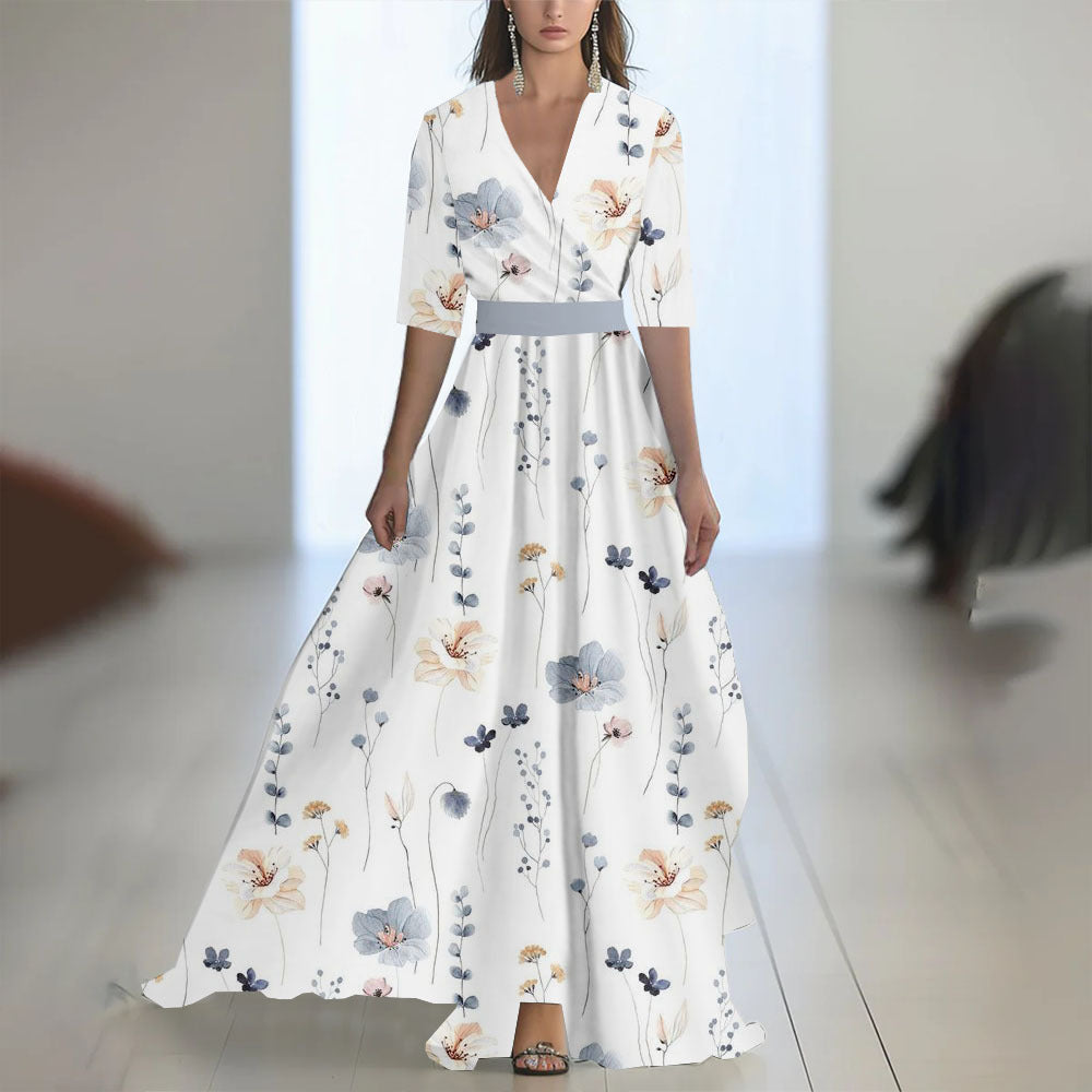 Damen Maxikleid mit tiefem V-Ausschnitt und fließendem Blumendesign