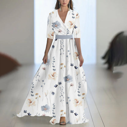 Damen Maxikleid mit tiefem V-Ausschnitt und fließendem Blumendesign