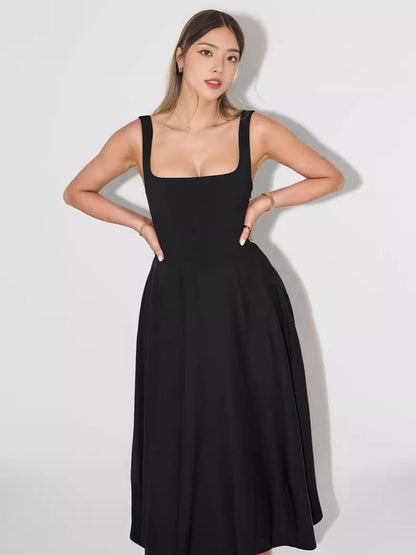 Damen Midikleid mit eckigem Ausschnitt – elegantes A-Linien-Swingkleid für Anlass & Alltag