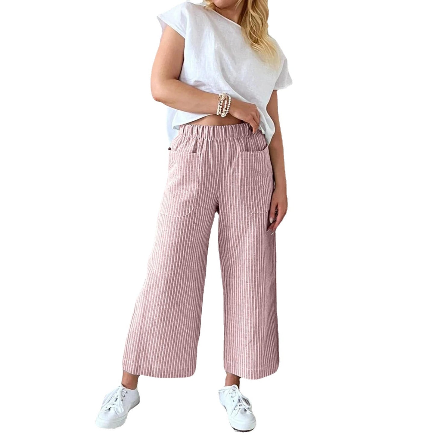 Heather – Weite Damenhosen aus Baumwolle und Leinen mit Streifen