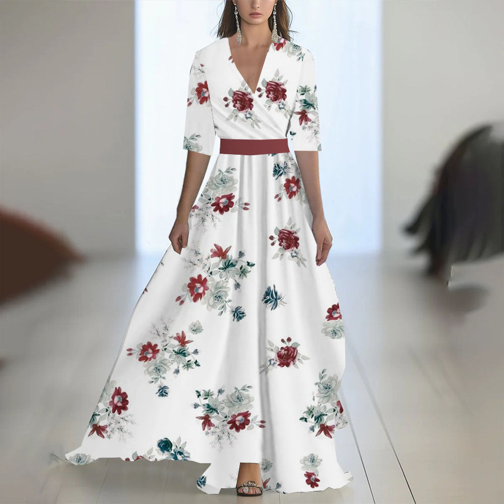 Damen Maxikleid mit tiefem V-Ausschnitt und fließendem Blumendesign