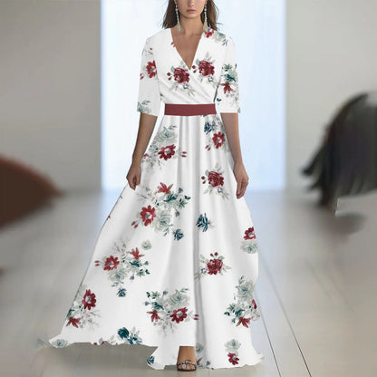 Damen Maxikleid mit tiefem V-Ausschnitt und fließendem Blumendesign
