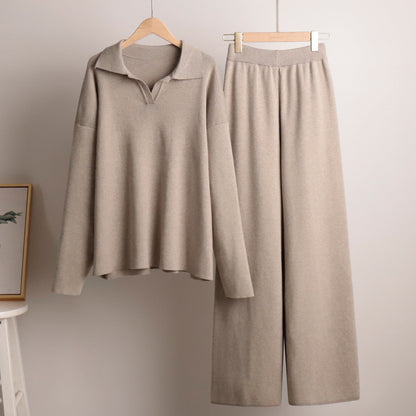 Damen Loungewear Set – Strick – Oversize Pullover mit Kragen und Weite Hose – Perfekt für Zuhause und Freizeit