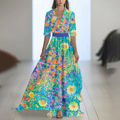 Damen Maxikleid mit tiefem V-Ausschnitt und fließendem Blumendesign