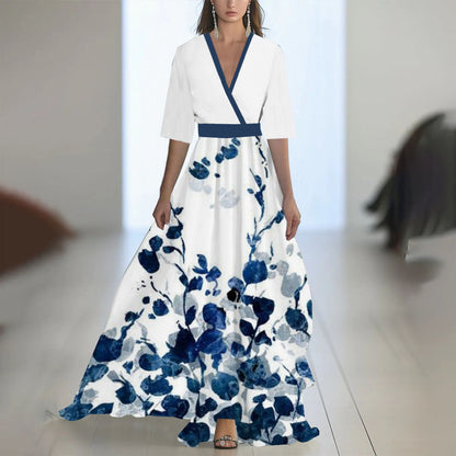 Damen Maxikleid mit tiefem V-Ausschnitt und fließendem Blumendesign