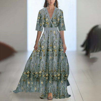 Damen Maxikleid mit tiefem V-Ausschnitt und fließendem Blumendesign
