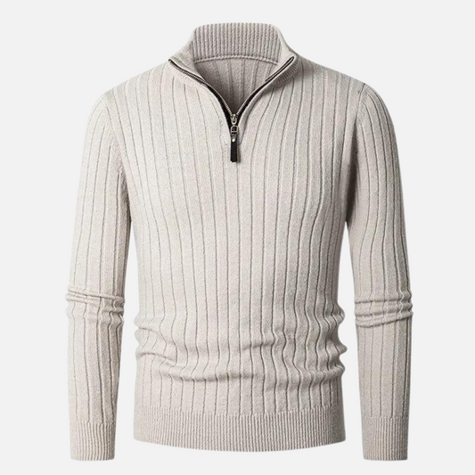 Herren Strickpullover mit Stehkragen und Reißverschluss – Modernes Rippenmuster, Eleganter Freizeit- und Business-Look