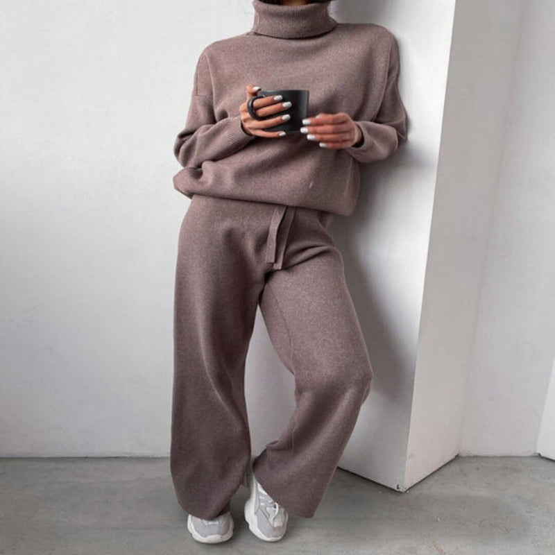 Damen Strick Zweiteiler Set mit Rollkragen – Loungewear Freizeit Outfit