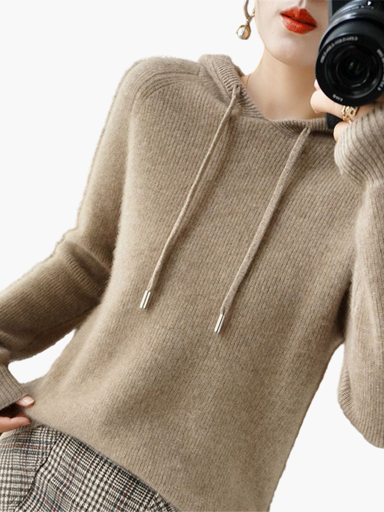Damen Strickpullover Kapuzenpullover mit Kordelzug – Stilvoller Alltags-Hoodie für Herbst & Winter