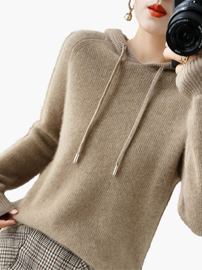 Damen Strickpullover Kapuzenpullover mit Kordelzug – Stilvoller Alltags-Hoodie für Herbst & Winter