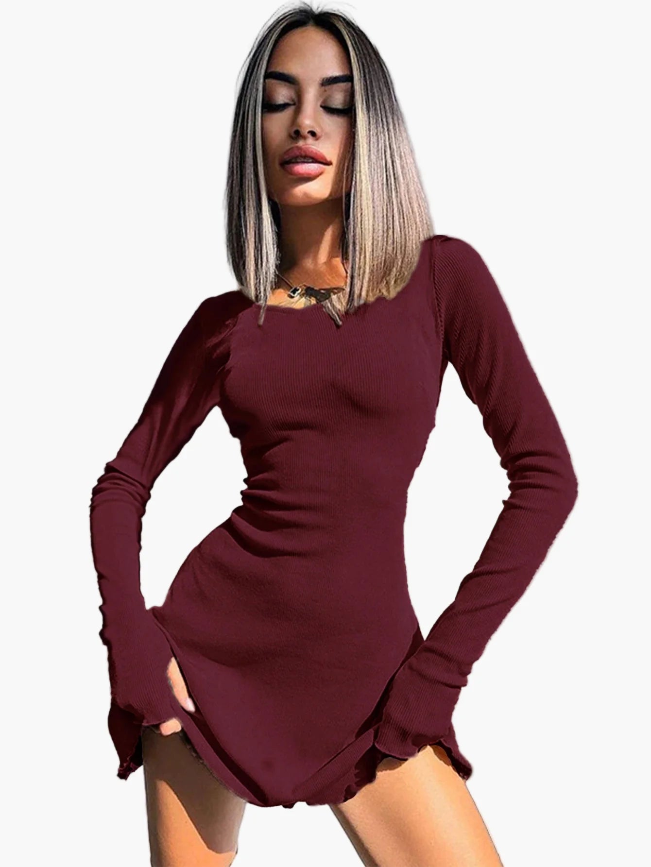 Damen Figurbetontes Stretch-Kleid mit Langarm – Elegantes Freizeit- und Ausgehkleid, Modernes Design