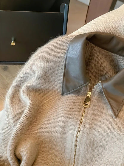 Damen Strickjacke mit Kunstlederkragen und Reißverschluss – Modischer Urban Style