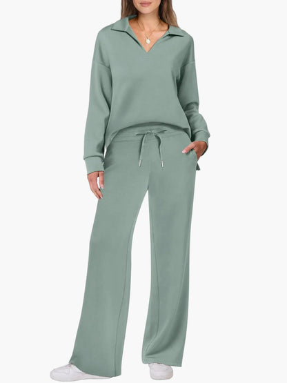 Damen Freizeit-Loungewear Set mit weitem Bein und V-Ausschnitt – Komfortabler Hausanzug