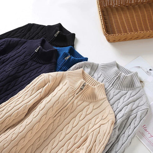 Herren Strickpullover mit Zopfmuster und halbem Reißverschluss – Eleganter Freizeit-Look
