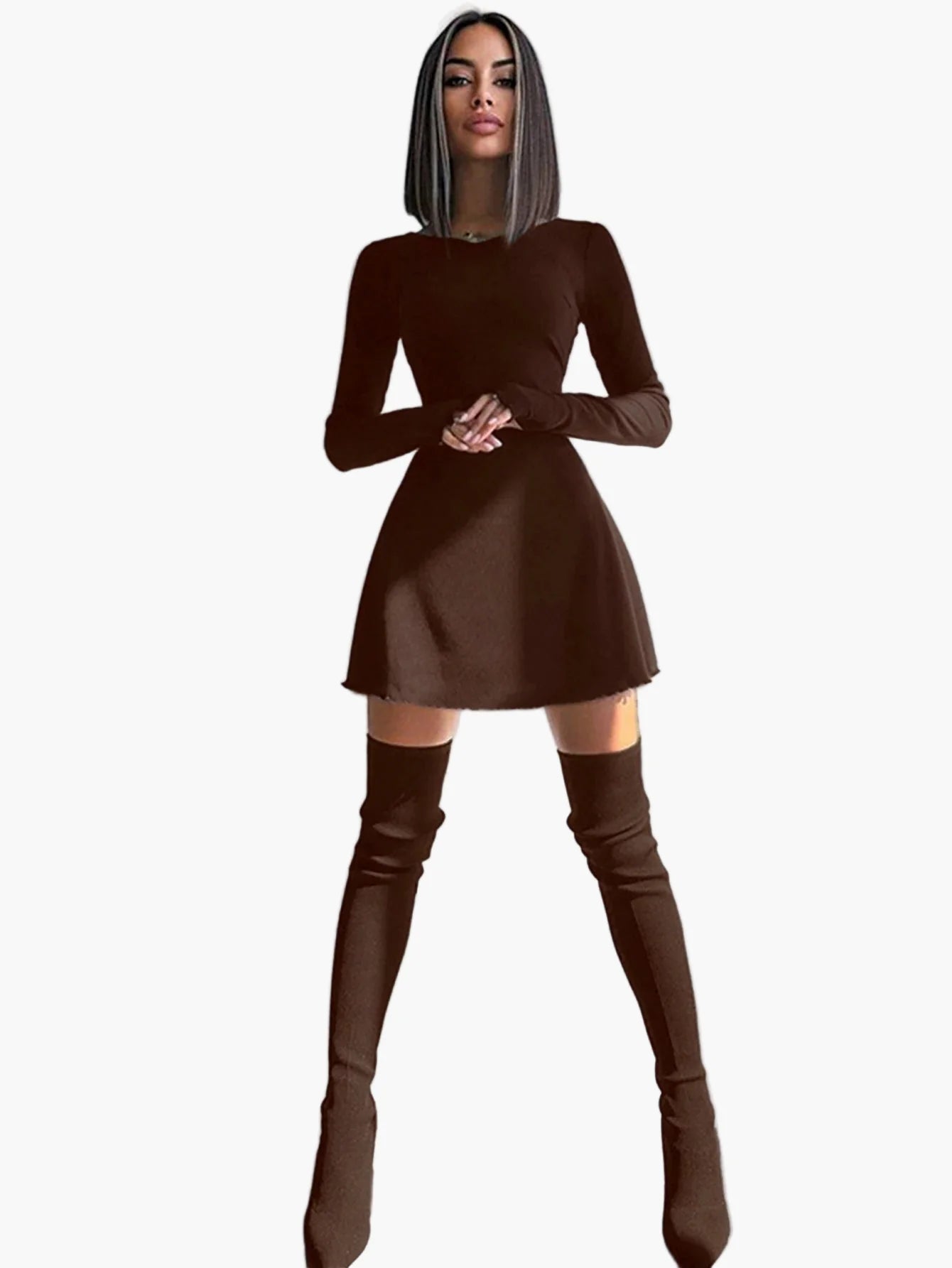 Damen Figurbetontes Stretch-Kleid mit Langarm – Elegantes Freizeit- und Ausgehkleid, Modernes Design