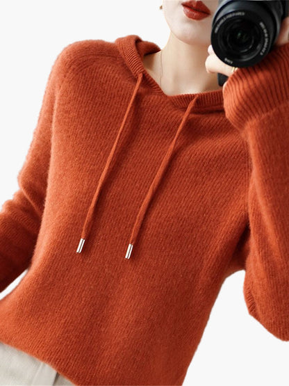 Damen Strickpullover Kapuzenpullover mit Kordelzug – Stilvoller Alltags-Hoodie für Herbst & Winter
