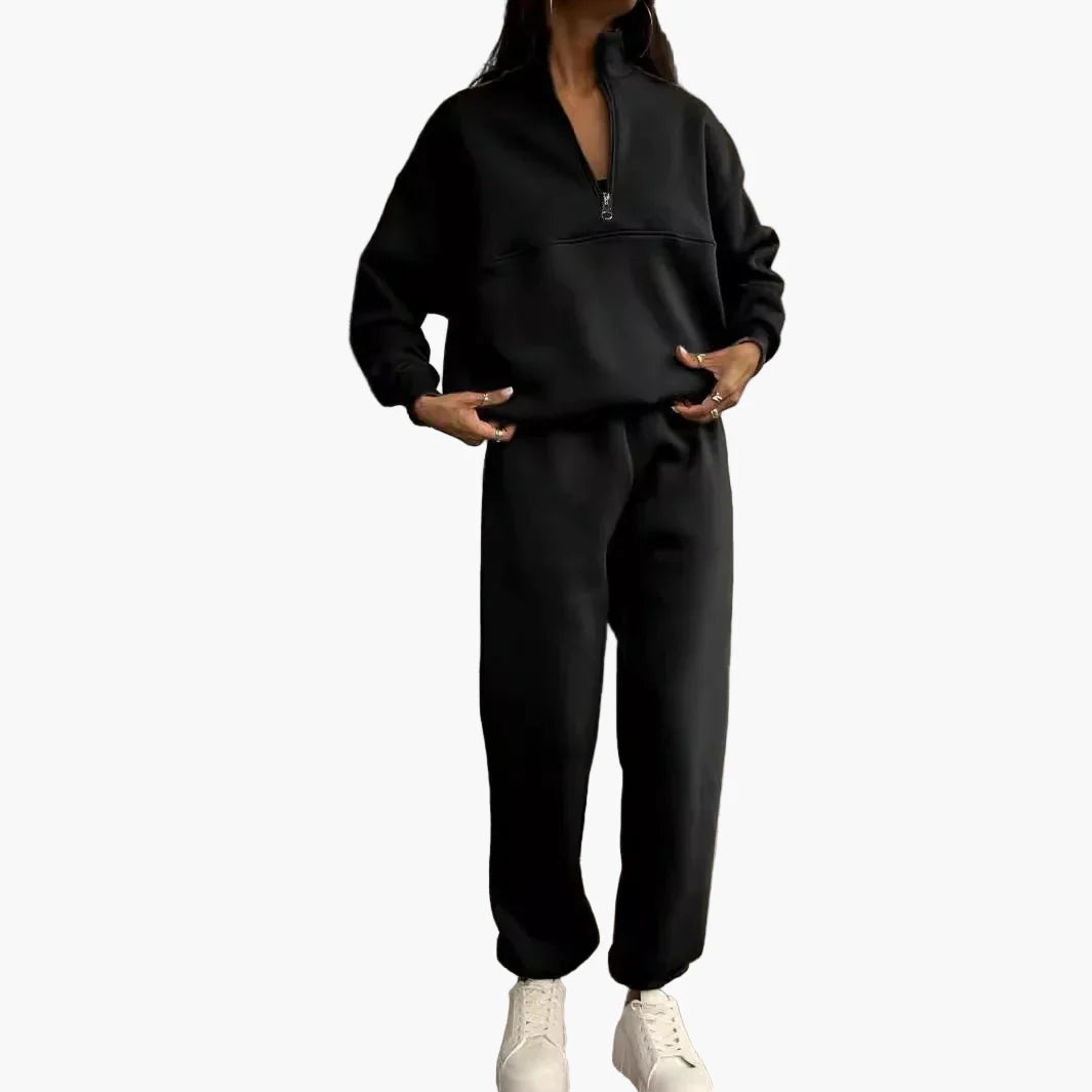 Damen Freizeit Zweiteiler Set – Bequemer Pullover mit Reißverschluss und Jogginghose, Lässiger Streetwear-Look für Alltag und Freizeit