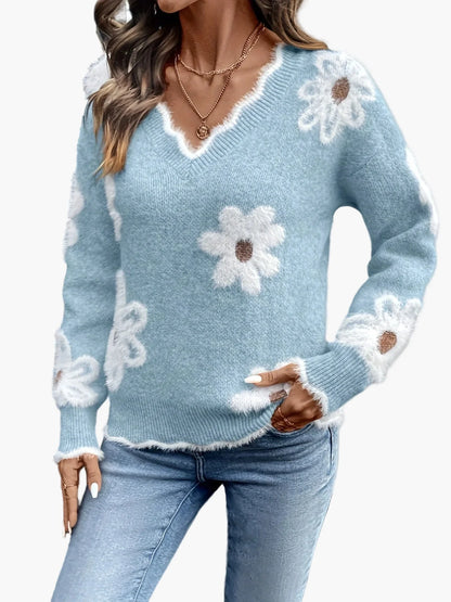 Damen Strickpullover mit Blumenmuster und V-Ausschnitt – Modischer Freizeit-Sweater