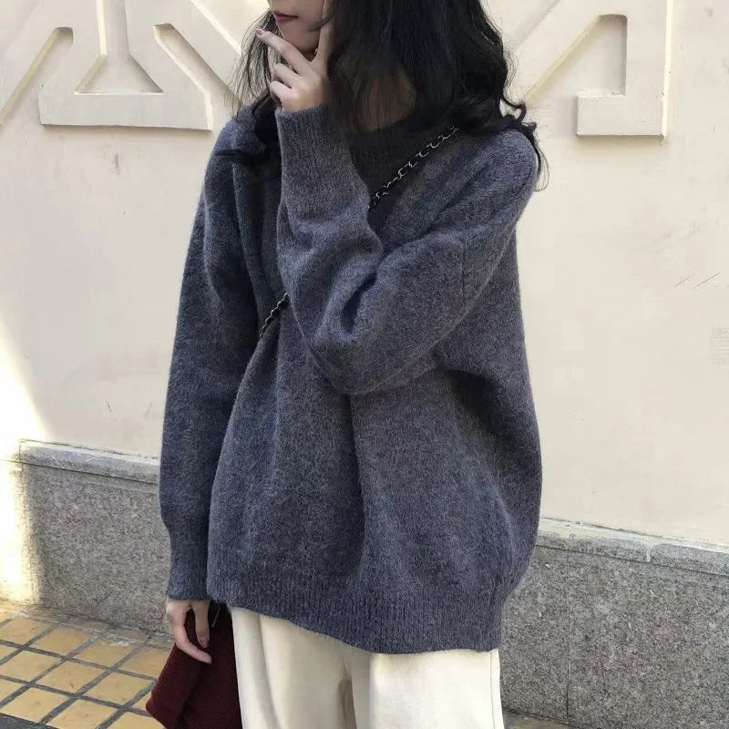 Damen Oversize Retro Strickpullover – Lässiger Herbst Winter Basic Sweater für Alltag & Freizeit
