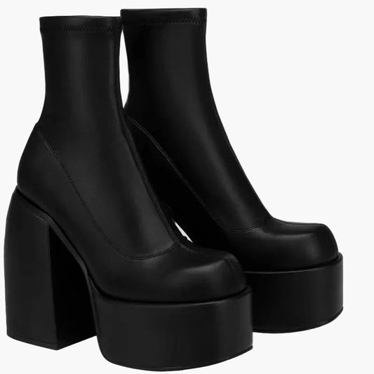 Damen Plateau Stiefel mit Blockabsatz – Modische High Heel Stiefeletten für Party & Streetstyle
