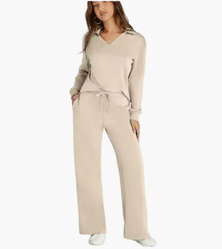 Damen Freizeit-Loungewear Set mit weitem Bein und V-Ausschnitt – Komfortabler Hausanzug