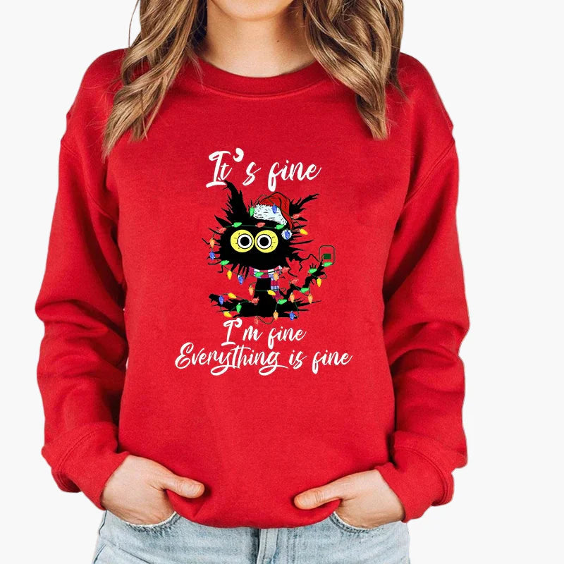 Damen Weihnachtspullover mit Katze und Lichterkette – Lustiger Winter Sweater für Alltag und Festtage