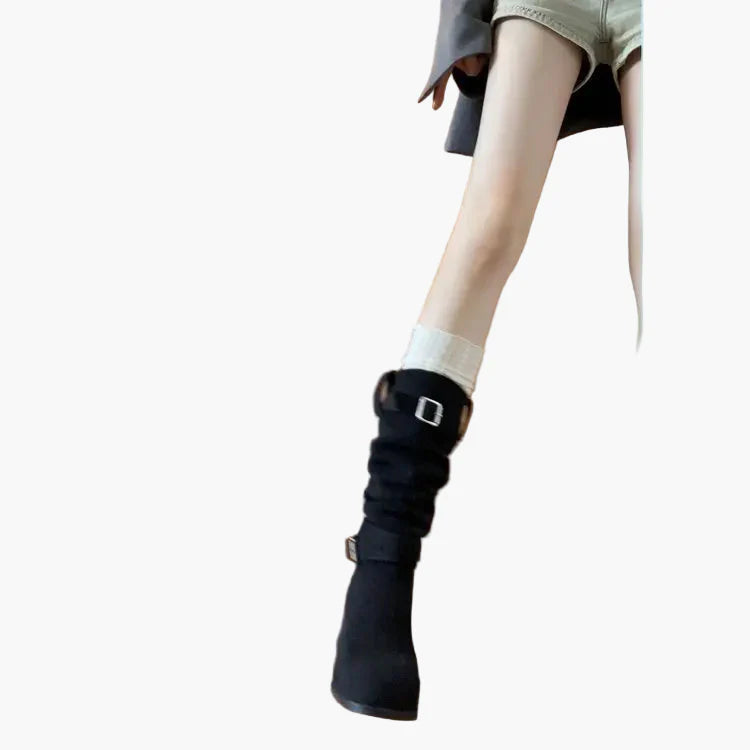 Damen Kniehohe Stiefel mit Blockabsatz und Schnallen – Modische Freizeit- und Herbstschuhe