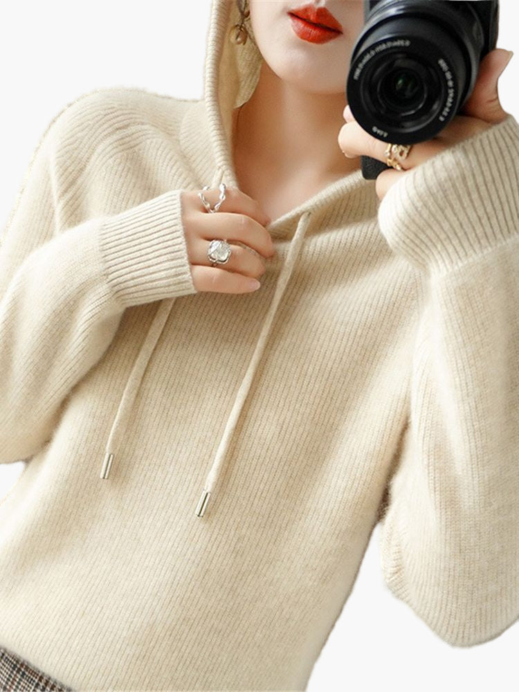 Damen Strickpullover Kapuzenpullover mit Kordelzug – Stilvoller Alltags-Hoodie für Herbst & Winter