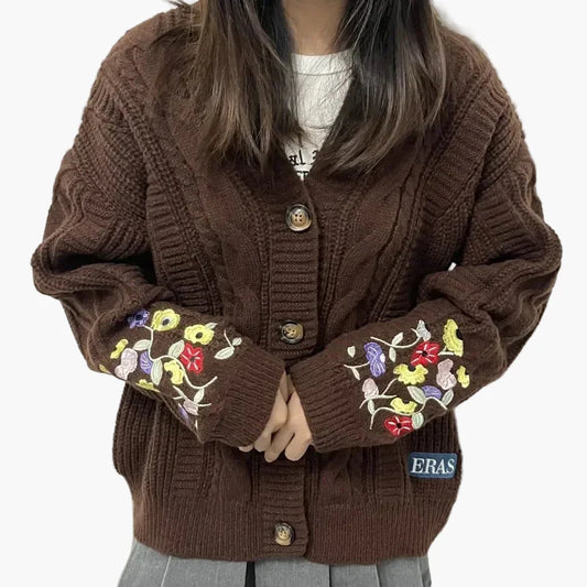 Damen Strickjacke im Vintage-Stil mit Blumenstickerei – Perfekt für Freizeit und Alltag