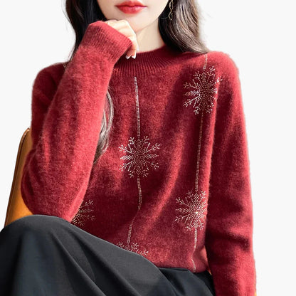 Damen Pullover mit Strass Schneeflocken Dekor – Eleganter Winter Strickpullover für Alltag und Büro
