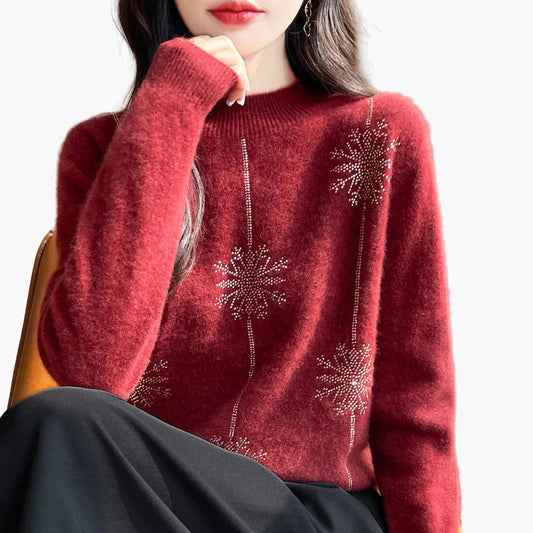 Damen Pullover mit Strass Schneeflocken Dekor – Eleganter Winter Strickpullover für Alltag und Büro