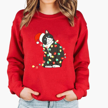 Damen Weihnachtspullover mit Katze und Lichterkette – Lustiger Winter Sweater für Alltag und Festtage