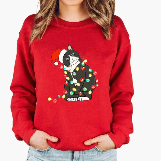 Damen Weihnachtspullover mit Katze und Lichterkette – Lustiger Winter Sweater für Alltag und Festtage