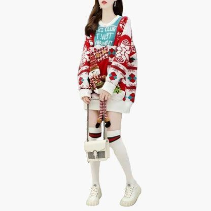 Damen Weihnachts-Pullover Kleid mit 3D Schneemann und Norwegermuster – Lustiges Ugly Christmas Sweater für Winter & Party